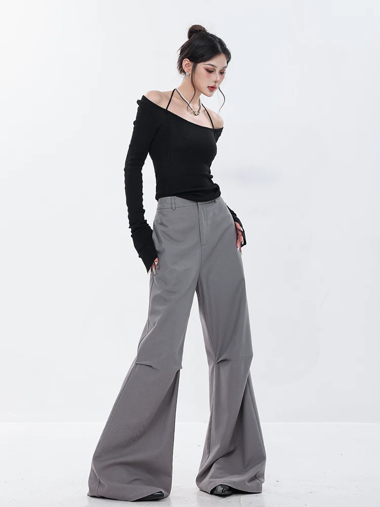 Quần tây ống rộng xếp ly cao cấp kiểu dáng mới mùa xuân của ABWEAR dành cho nữ, quần ống rộng xếp ly phong cách đường phố Mỹ
