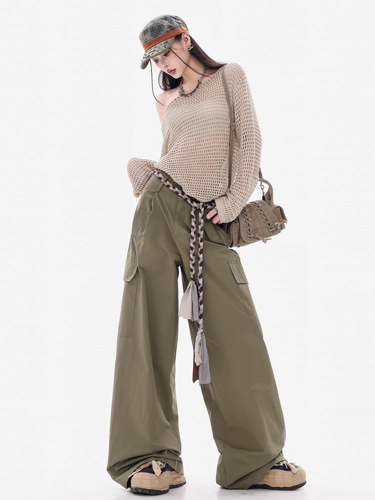 ABWEAR Ivy Love - Quần cargo màu xanh quân đội dáng rộng thoải mái dành cho nữ, dáng rộng, thoải mái, đa năng