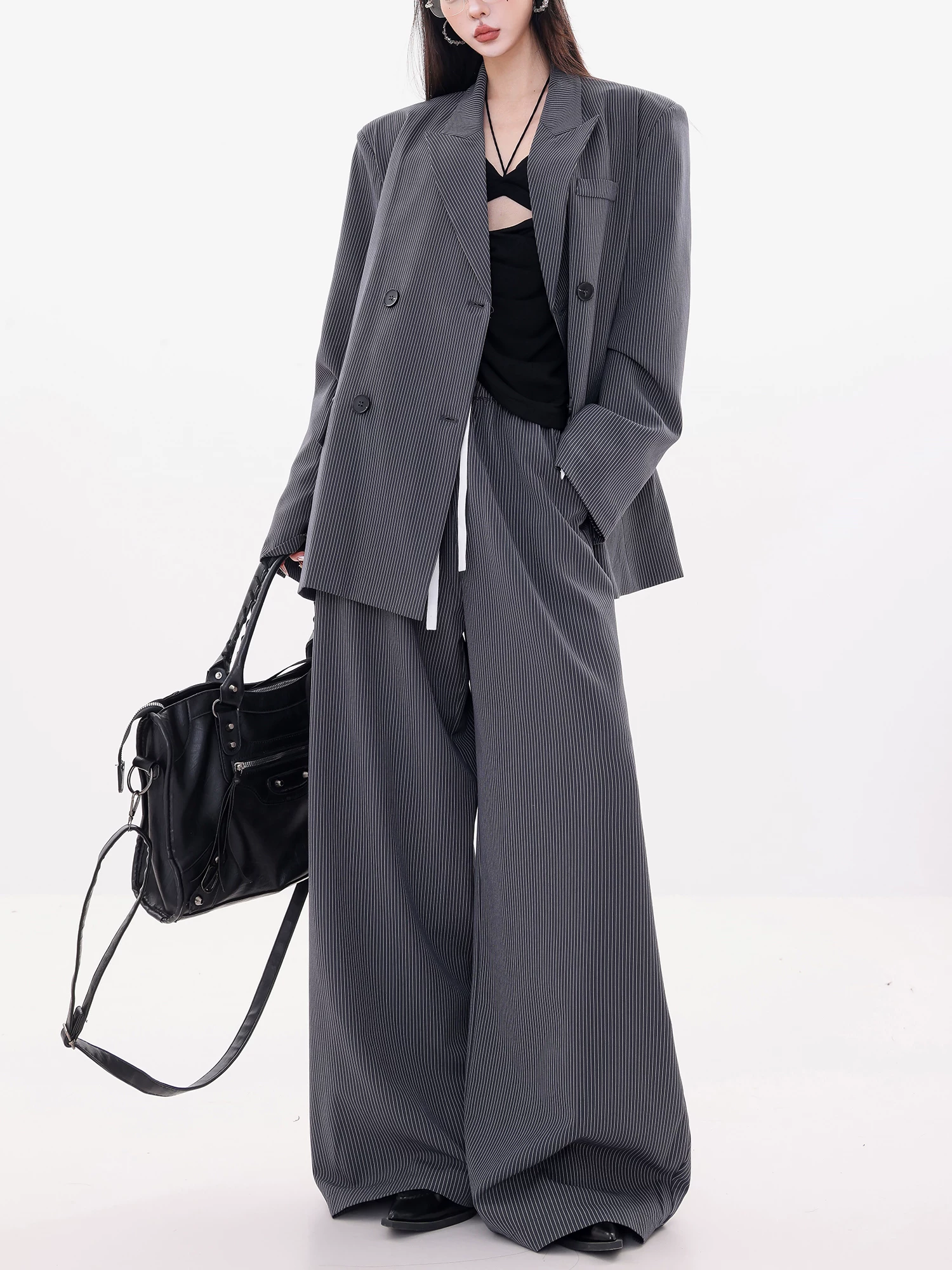 ABWLR Art Editor - Quần vest sọc cổ điển kiểu Mỹ nguyên bản dành cho nữ, Quần vest rộng rãi và đa năng Bộ hai mảnh