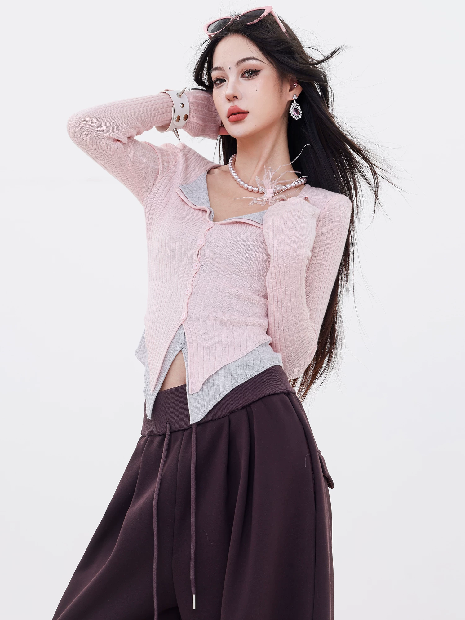 ABWLR Heartbeat Arrives - Áo len dệt kim có cổ chắp vá hai mảnh giả màu nguyên bản dành cho nữ, áo cardigan ôm vừa vặn cho mùa thu đông