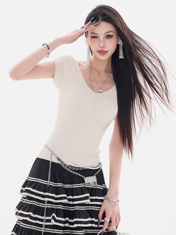Quy tắc giản dị của ABWEAR - Áo thun ngắn tay dệt kim phong cách lười biếng nguyên bản dành cho nữ