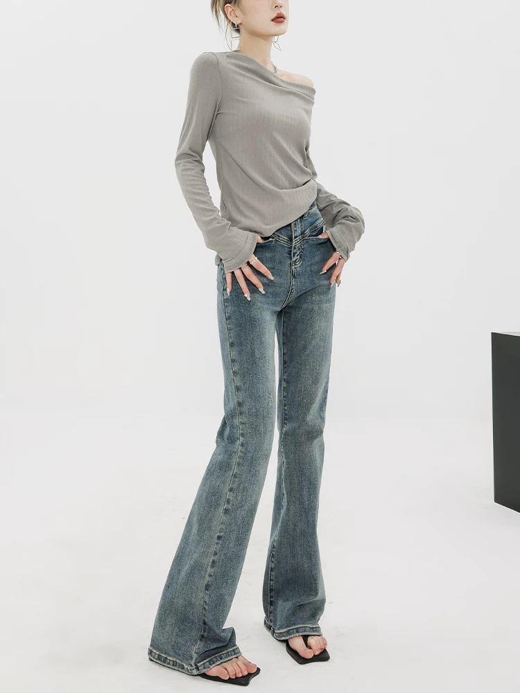 Quần jeans loe ABWEAR dành cho nữ, thu đông 2025, kiểu vintage, cạp cao, ôm dáng, dài, hơi loe.