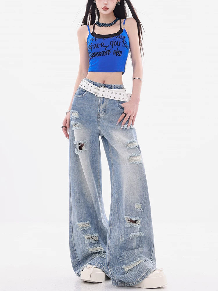 ABWEAR Sea Salt Phiên bản đặc biệt - Quần jean rách kiểu Mỹ nguyên bản dành cho nữ, quần ống rộng dáng rộng mùa hè mới