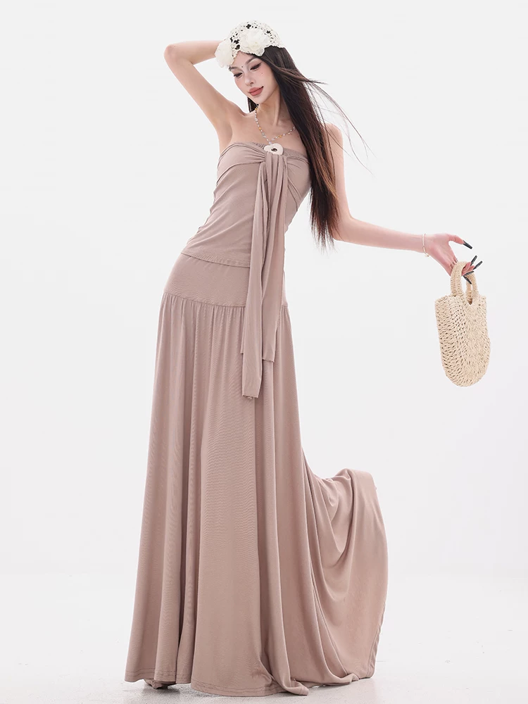 ABWEAR Holiday Chanson - Áo thun dài tay trễ vai phong cách Hàn Quốc nguyên bản với váy xếp nếp Bộ đồ hai mảnh dành cho nữ