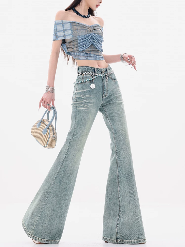 ABWEAR Blues Style - Quần jean ống loe eo thấp nguyên bản dành cho nữ, ôm vừa vặn, quần ống loe đa năng