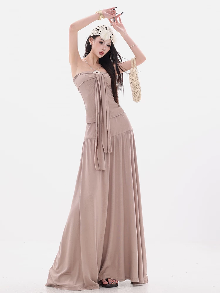 ABWEAR Holiday Chanson - Áo thun dài tay trễ vai phong cách Hàn Quốc nguyên bản với váy xếp nếp Bộ đồ hai mảnh dành cho nữ