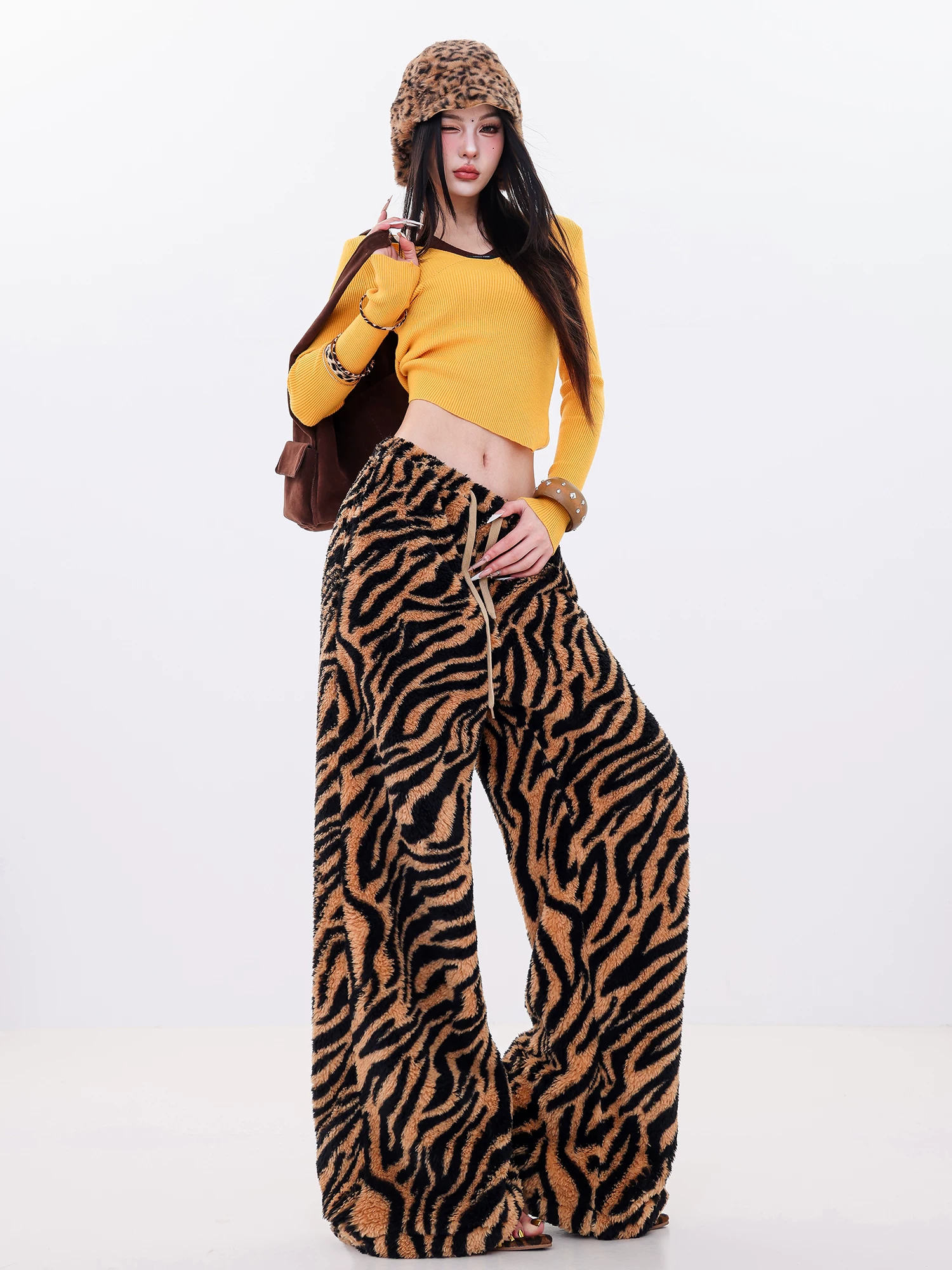 ABWLR Wild Return - Quần ống rộng in hình hổ lười nguyên bản dành cho nữ, Quần ống rộng dáng rộng thời trang thu đông mới