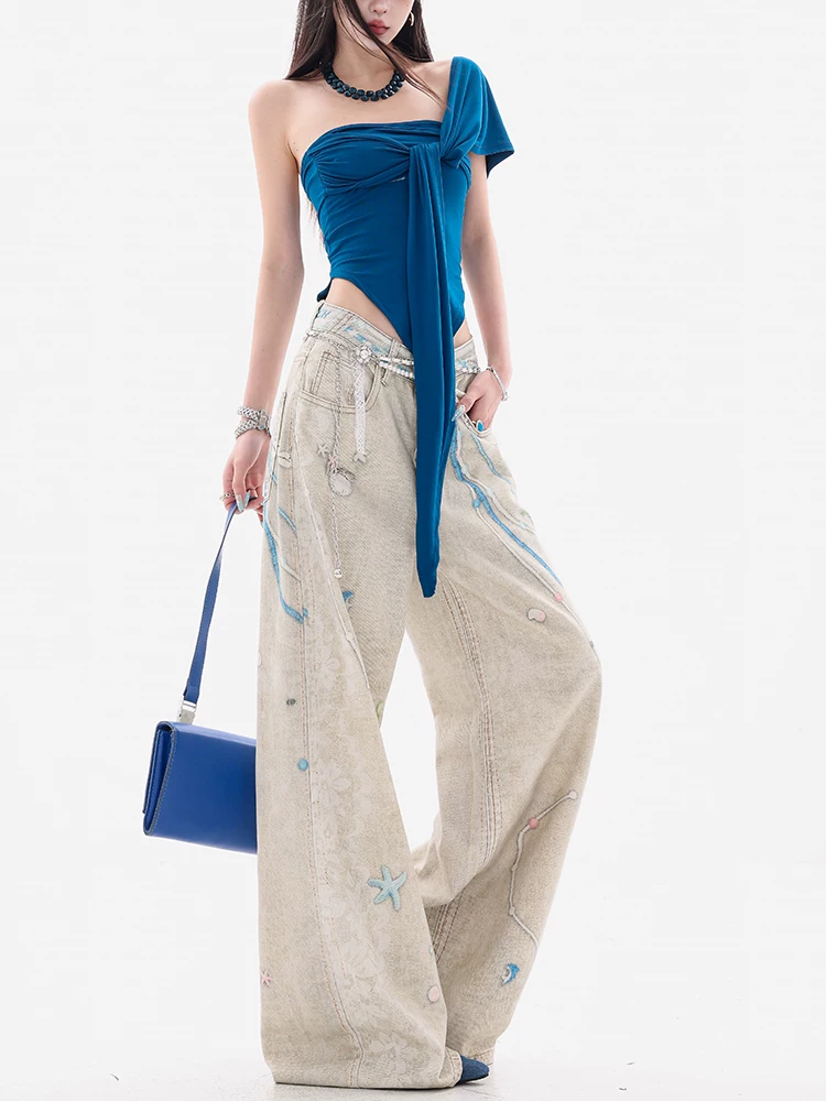 ABWEAR Wei Yi Sheng Xia - Quần jean in 3D công nghiệp nặng nguyên bản dành cho nữ, lưng cao, giảm béo, quần ống rộng, quần dài