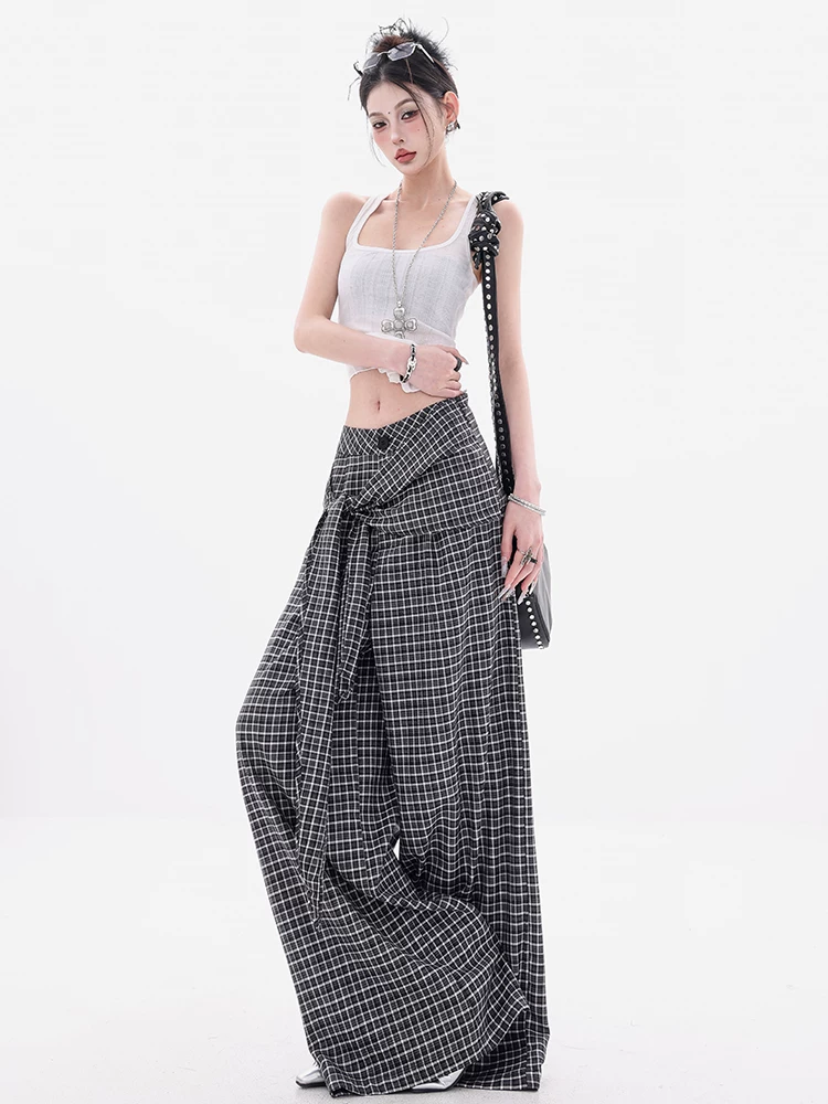 ABWEAR Ngược chiều của phong cách Anh - Thiết kế cà vạt không đều có kẻ sọc đen trắng nguyên bản Quần kẻ sọc Quần kẻ sọc ống rộng dành cho nữ