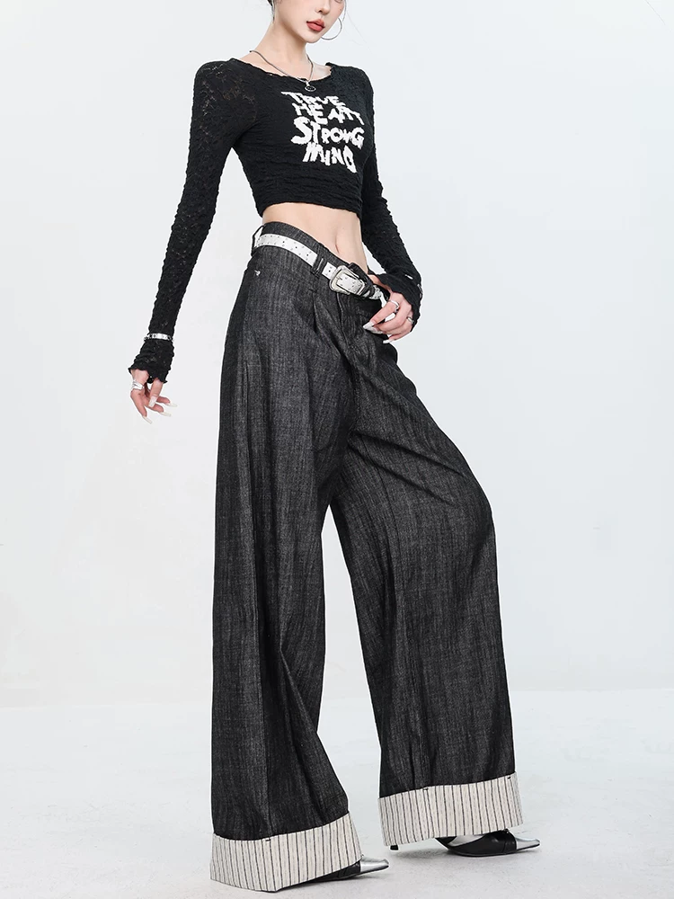Quần Jeans Sọc Vá Chắp Màu Đen Nguyên Bản ABWEAR - Phân Biệt Giữa Thực Tế Và Ảo Tưởng - Mẫu Mới 2024, Quần Dài Rộng, Dáng Suông Cho Nữ
