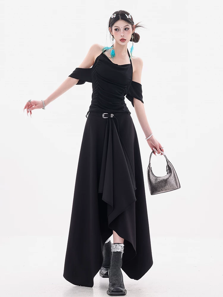ABWEAR Wandering Painter - Váy đen độc đáo kiểu dáng bất quy tắc dành cho nữ Váy xẻ tà dáng chữ A dáng rộng