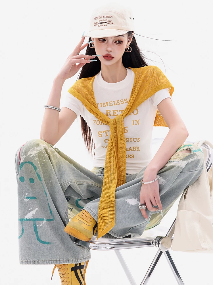 ABWEAR Versatile Sweetheart - Áo ba lỗ in chữ gốc Hàn Quốc dành cho nữ Slim Fit Shawl Top Bộ hai mảnh