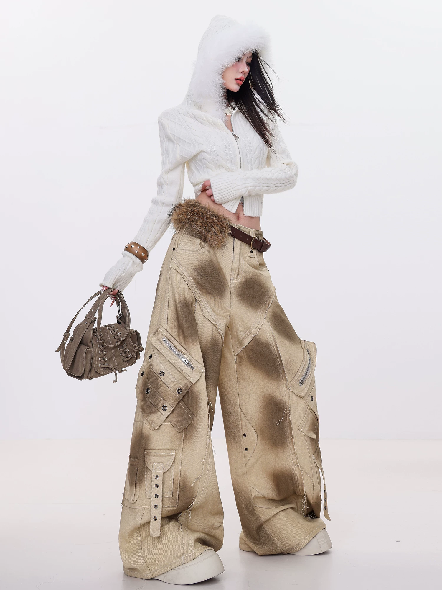Quần jeans ống rộng kiểu dáng thời trang đường phố Mỹ cổ điển ABWLR dành cho nữ, nhiều túi và dáng rộng