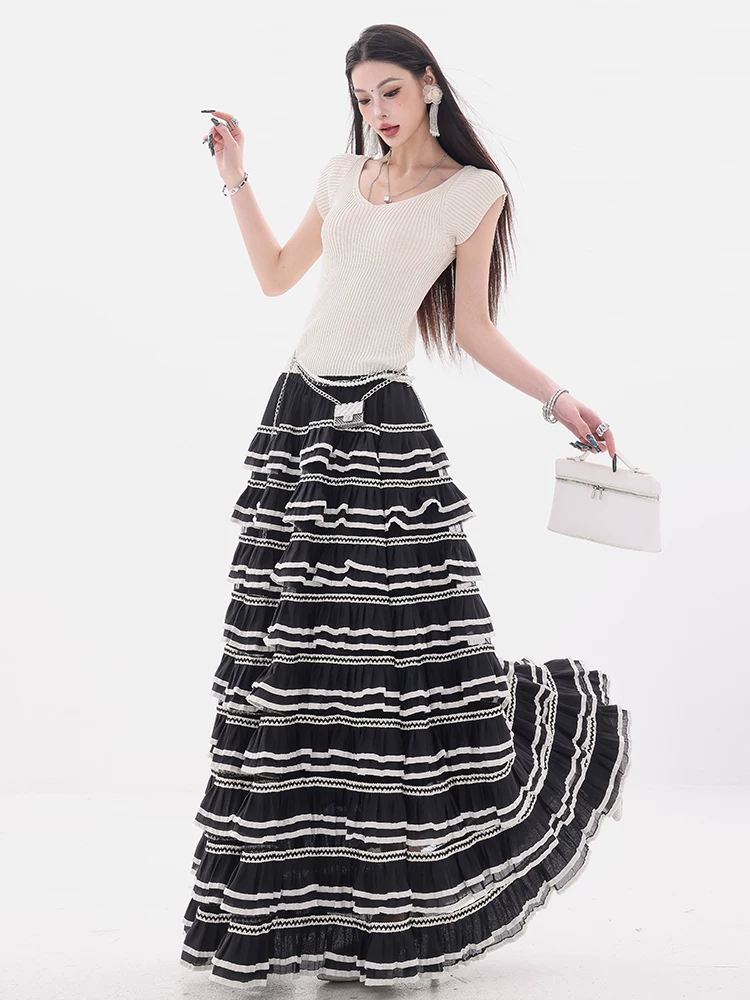ABWEAR Dream Waltz - Váy thiết kế bánh ngọt phối màu tương phản nguyên bản dành cho nữ có eo co giãn và váy dài