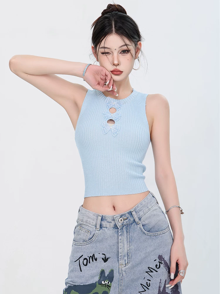 ABWEAR Angel Healing - Áo yếm nguyên bản dành cho nữ có trang trí hoa ba chiều khoét lỗ, áo ngắn thon gọn