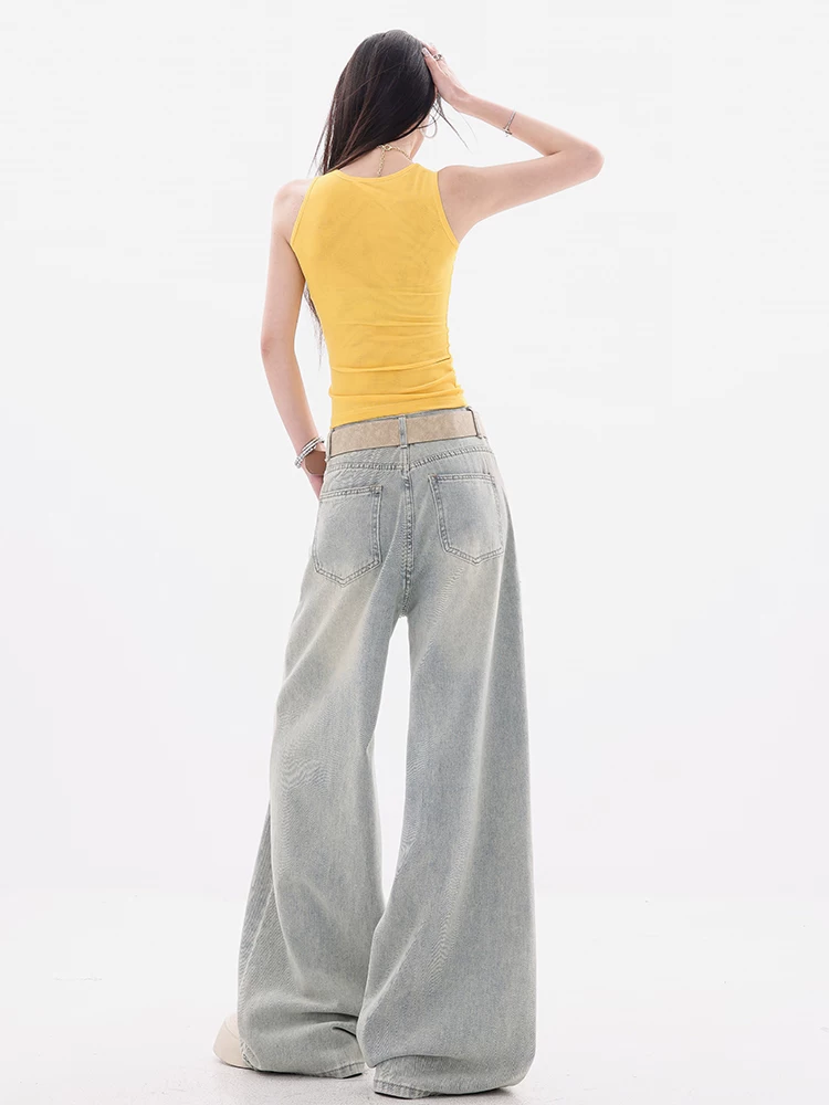 Quần jean thêu hoa văn màu xanh nhạt nguyên bản của ABWEAR dành cho nữ, thiết kế kiểu Mỹ, quần ống rộng thẳng