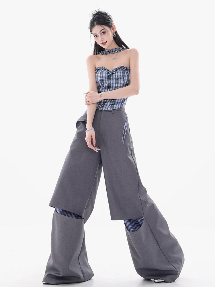 ABWEAR Trà đá muối biển - Quần tây ống rộng giả hai mảnh màu xám thiết kế chắp vá dành cho nữ, dáng rộng ống thẳng