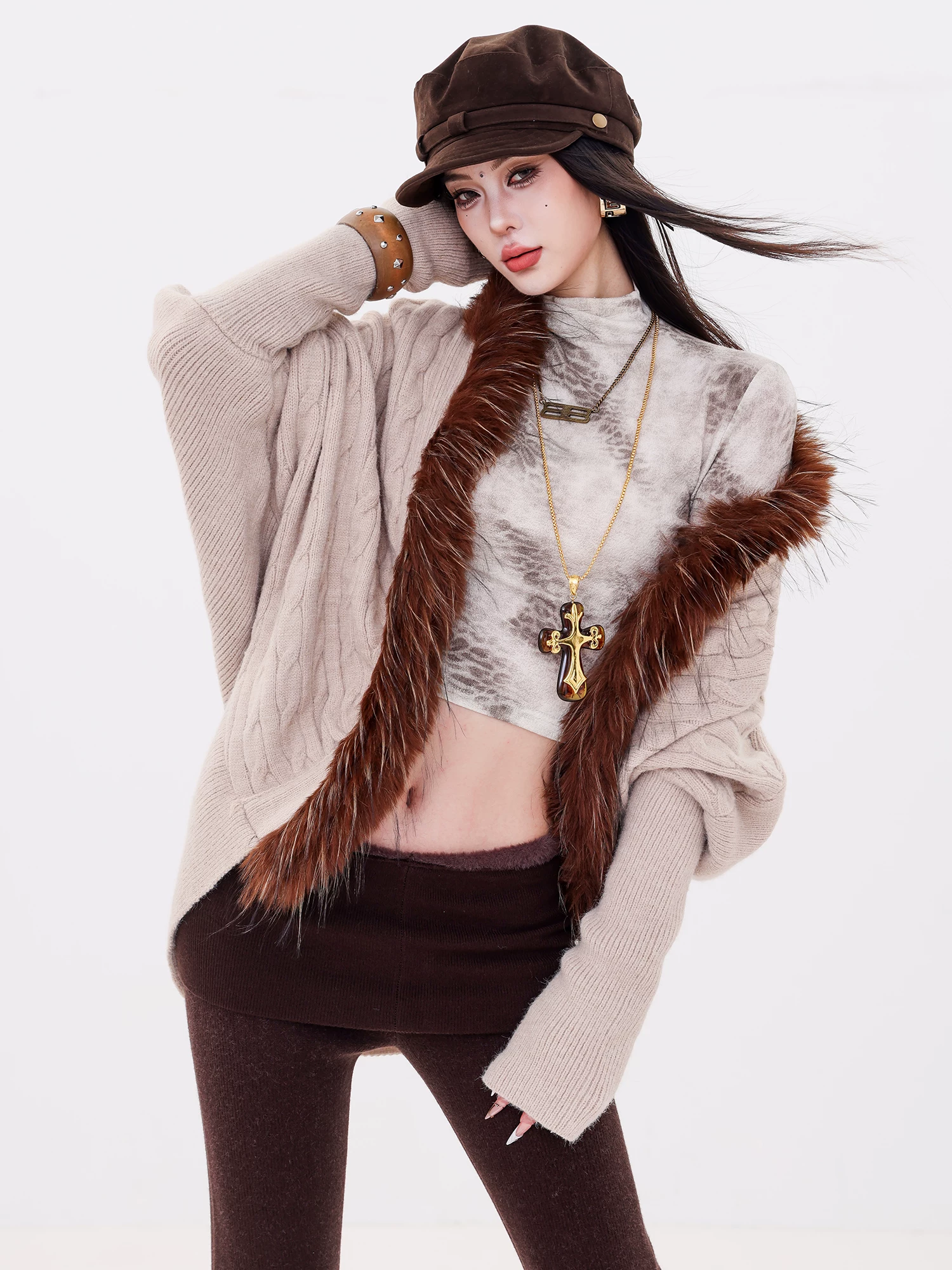 ABWLR Jazz Lounge - Áo len cardigan cổ lông cổ điển kiểu Mỹ nguyên bản dành cho nữ, thiết kế mùa thu đông, đồ dệt kim giảm béo