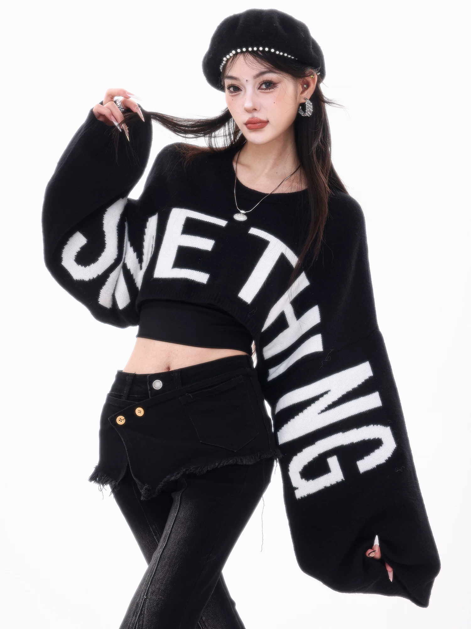 ABWLR Trendy Express - Áo len dệt kim tay cánh dơi phong cách Hàn Quốc nguyên bản dành cho nữ, dáng rộng và đa năng với thiết kế chữ cái.
