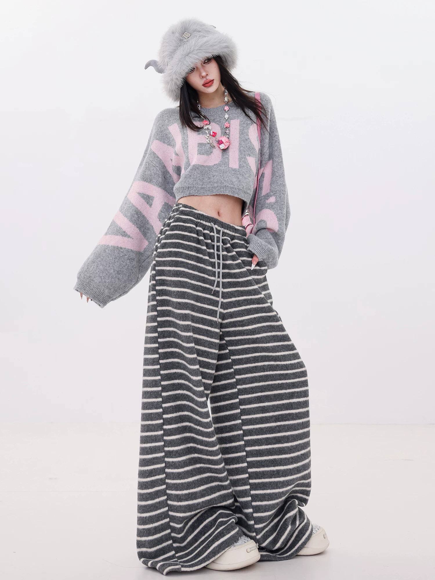 ABWLR Warm Market-Quần ống rộng có lót lông cừu dày dặn kiểu cổ điển dành cho nữ, quần thể thao rộng rãi và mềm mại