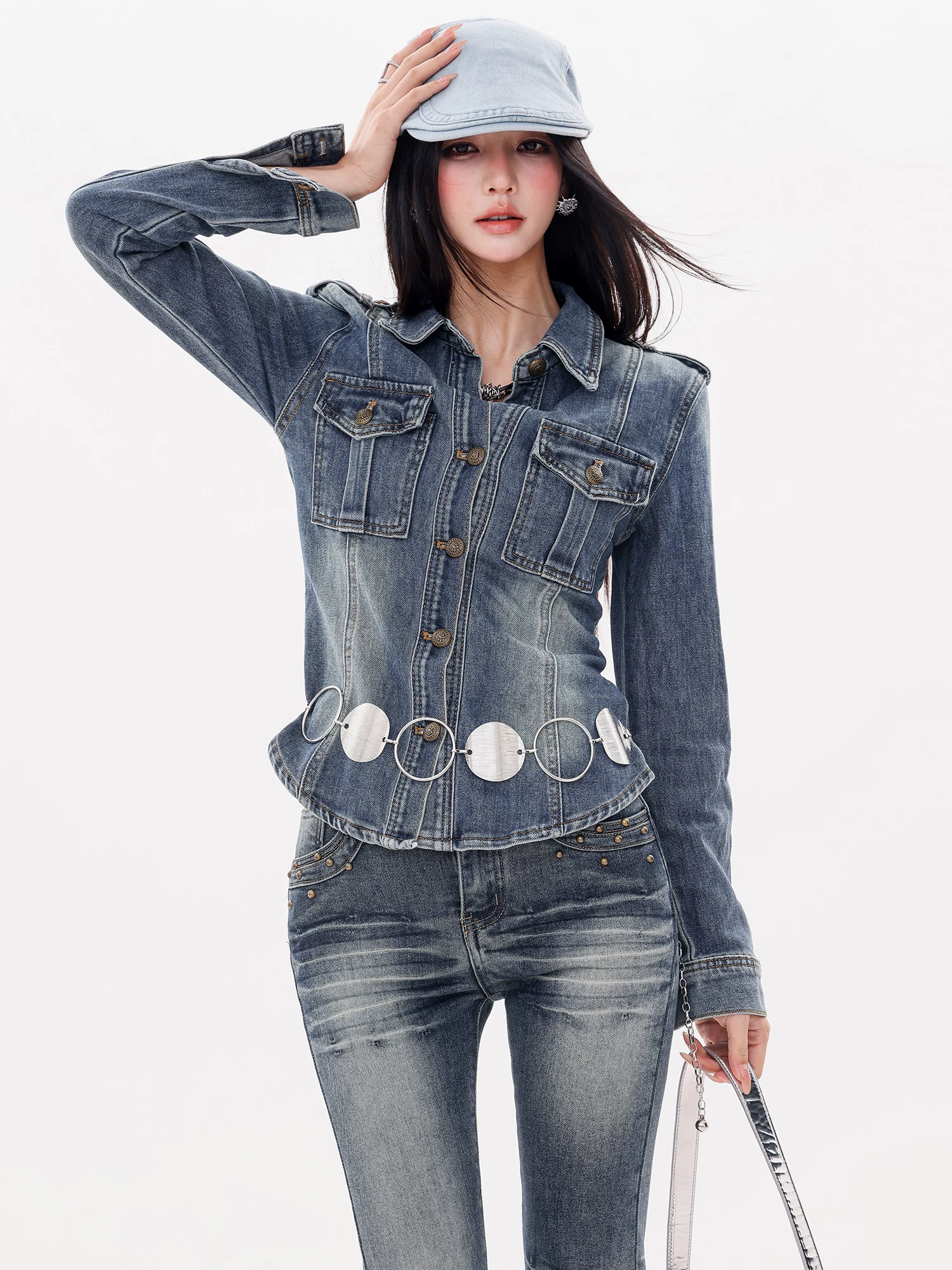 ABWLR Victoria Harbor Memory - Áo khoác denim có ve áo màu xanh nguyên bản dành cho nữ, áo sơ mi ngắn vừa vặn mới dành cho mùa thu đông
