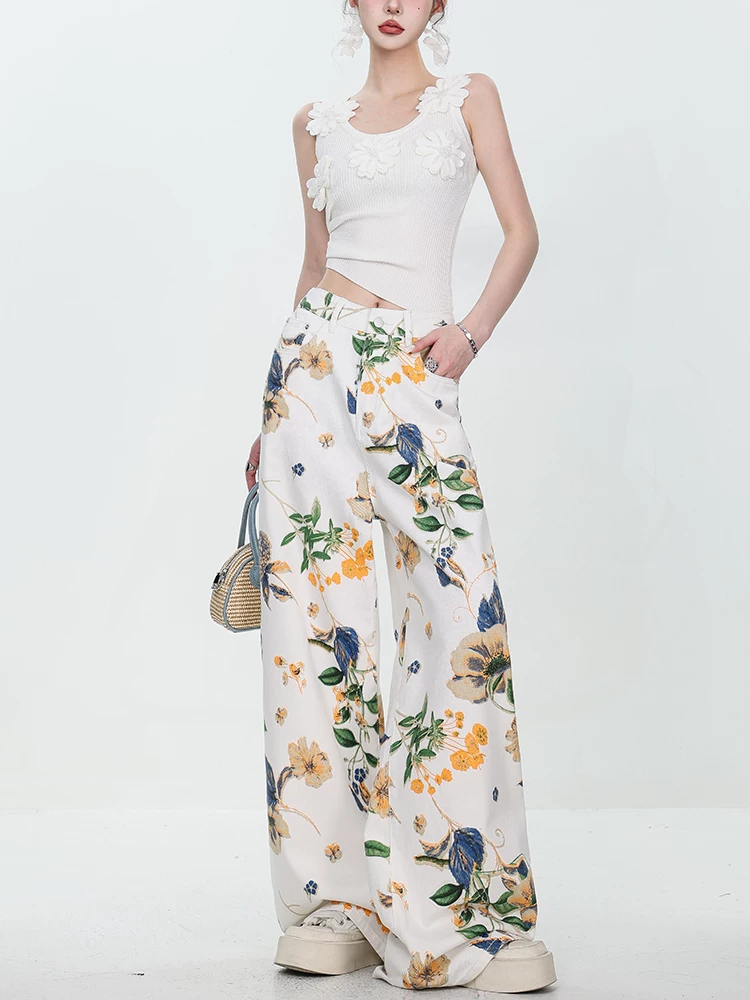 Quần jean ống rộng màu trắng thiết kế in họa tiết ABWEAR dành cho nữ, quần ống rộng dáng thẳng tôn dáng sành điệu