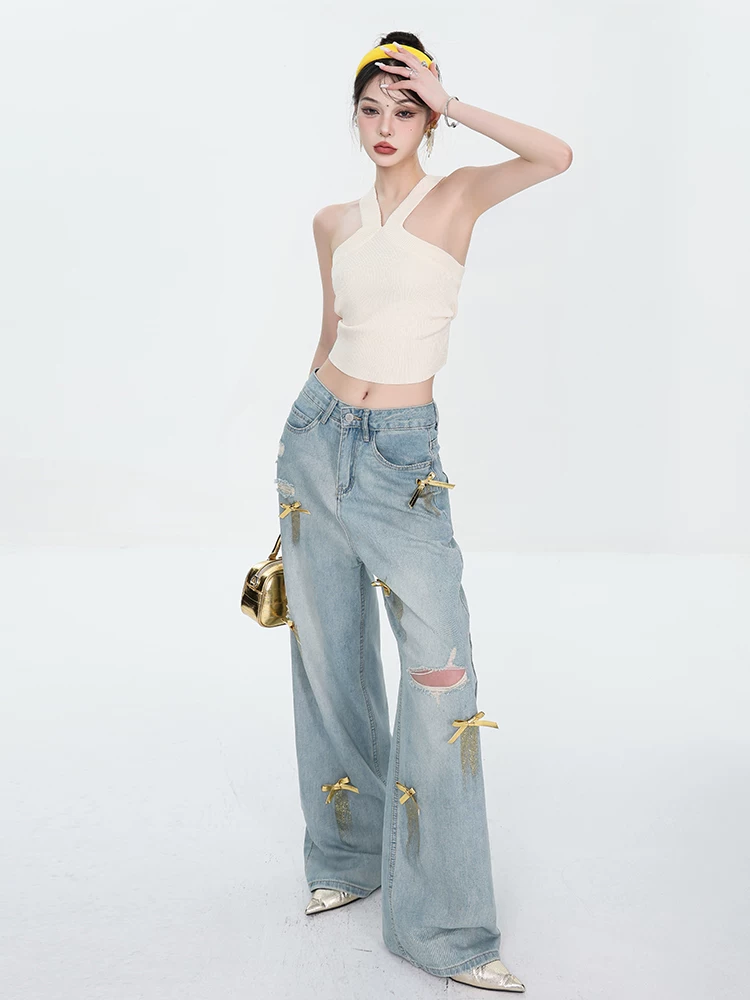 ABWEAR Quần jean ống rộng rách thiết kế nơ cổ điển kiểu Mỹ dành cho nữ, quần ống rộng dài đến sàn mùa hè