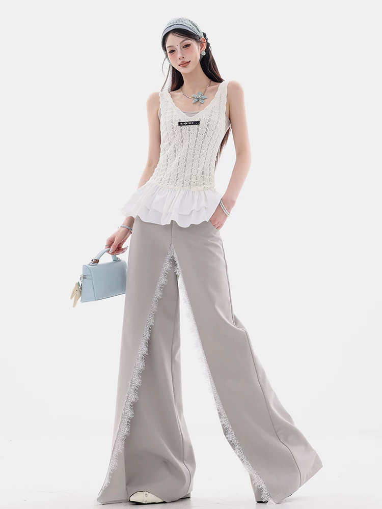 Quần nữ ABWEAR Romantic Monologue - Quần giả hai mảnh phối ren độc đáo, kiểu dáng xuông rộng, mới năm 2025