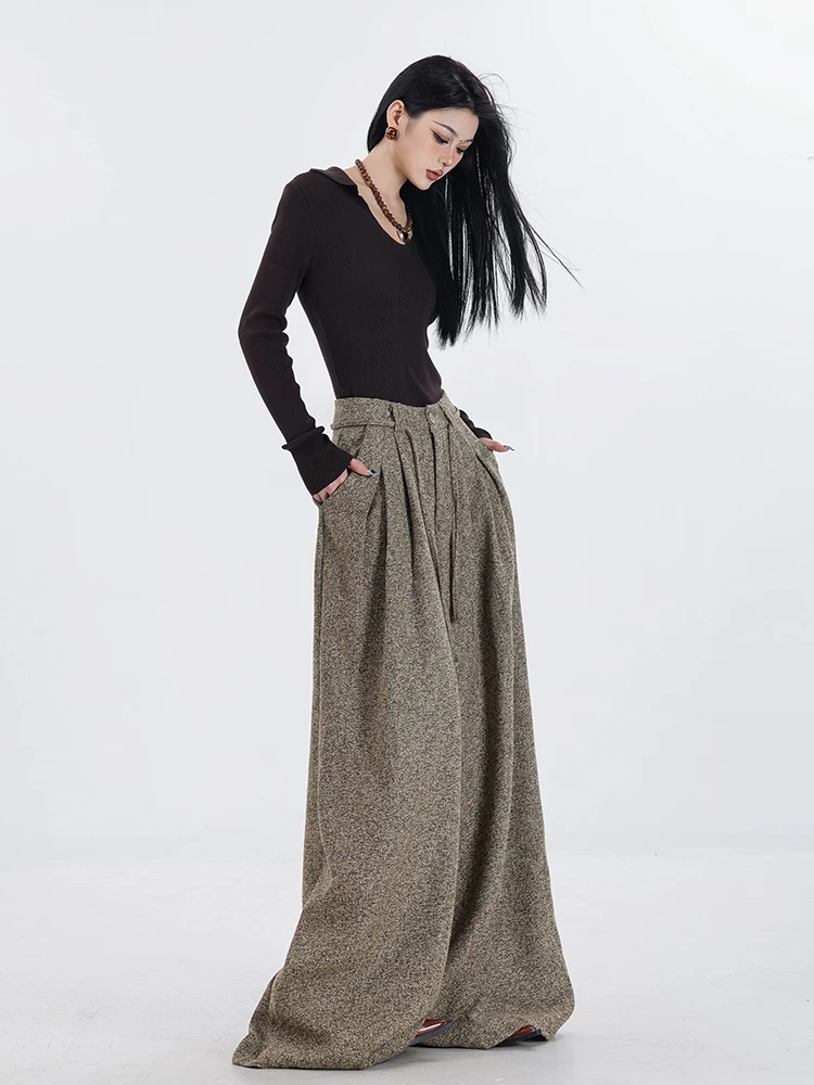 ABWEAR Memory Fragments - Quần ống rộng bằng len mùa thu đông dành cho nữ 2025 Quần thể thao dáng rộng có lót lông cừu dày kiểu dáng mới