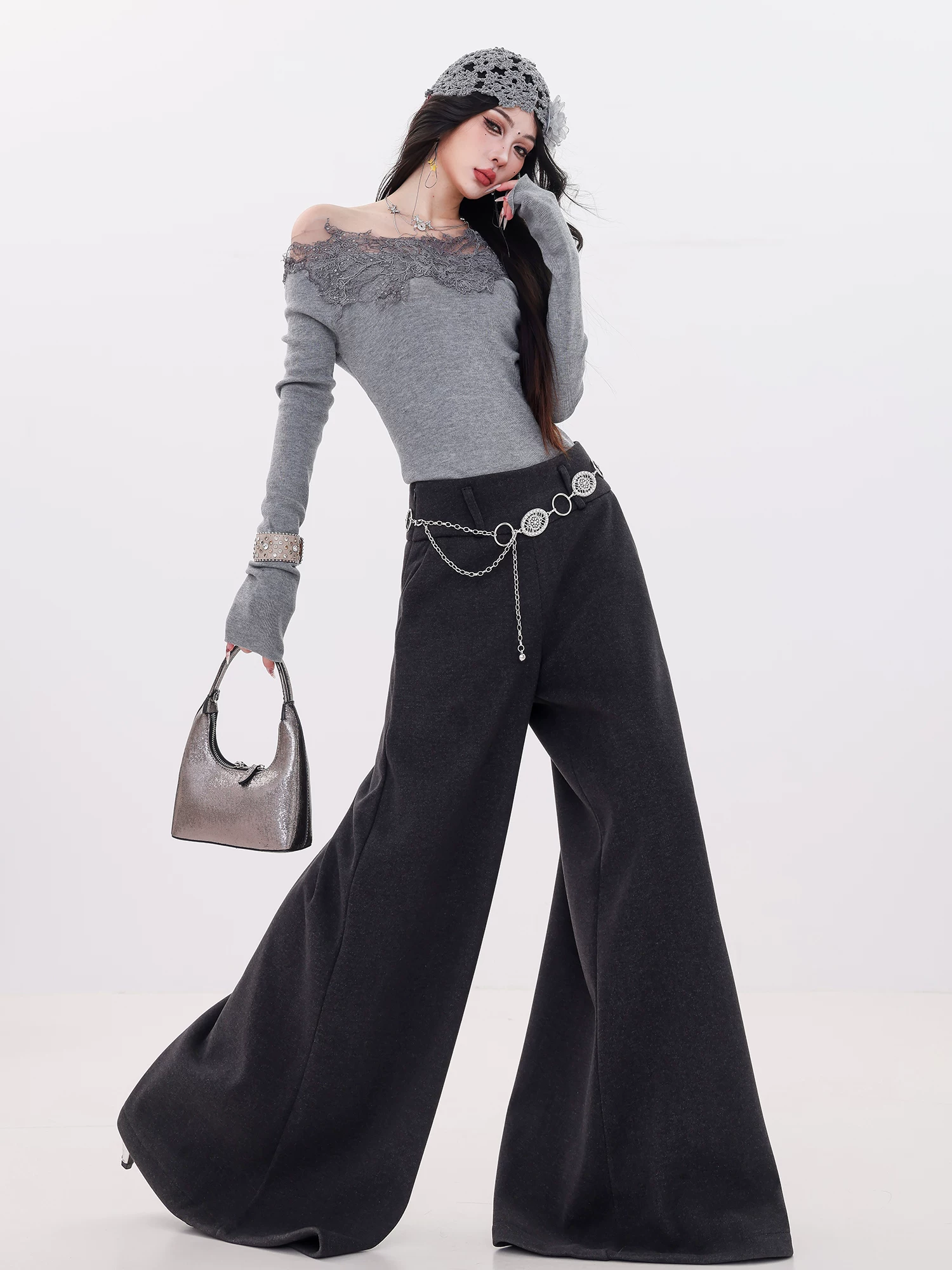 ABWLR Fashionable Advanced Edition - Quần ống rộng dày lót lông cừu nguyên bản dành cho nữ, lưng cao, xếp nếp, dáng rộng, thon gọn, quần dài đến sàn