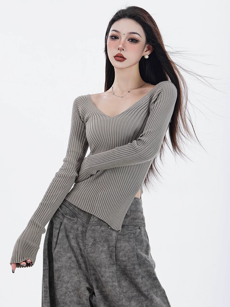 ABWAER Elegant Focus - Áo len trễ vai mùa thu nguyên bản dệt kim nữ tính