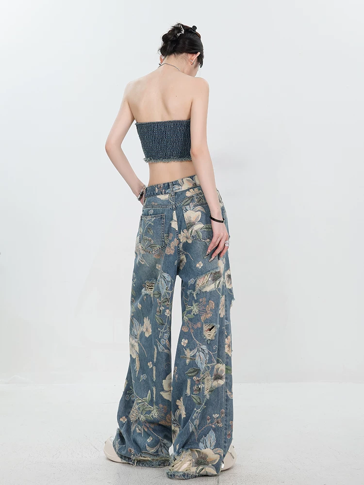ABWEAR quần jean rách in họa tiết cổ điển kiểu Mỹ mùa hè mới dành cho nữ, quần ống rộng dài đến sàn, dáng rộng