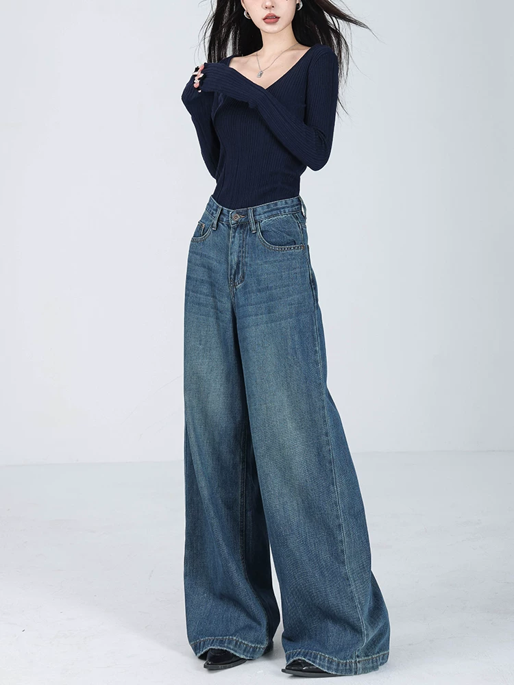 Quần jeans nữ ABWEAR 2025 kiểu Mỹ, chất liệu nỉ lót lông, màu xanh, dáng rộng, ống rộng, dài chấm đất, mùa thu đông mới
