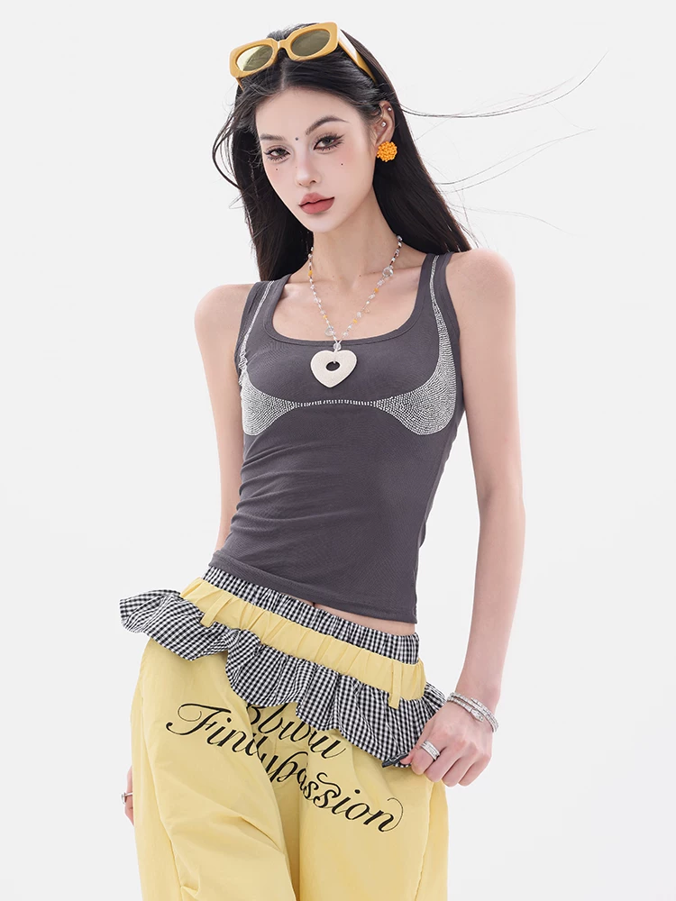 ABWEAR Shibuya Hot Girl - Áo ba lỗ đính đá phong cách Hot Girl nguyên bản dành cho nữ mùa hè Áo không tay mới kiểu dáng ôm vừa vặn