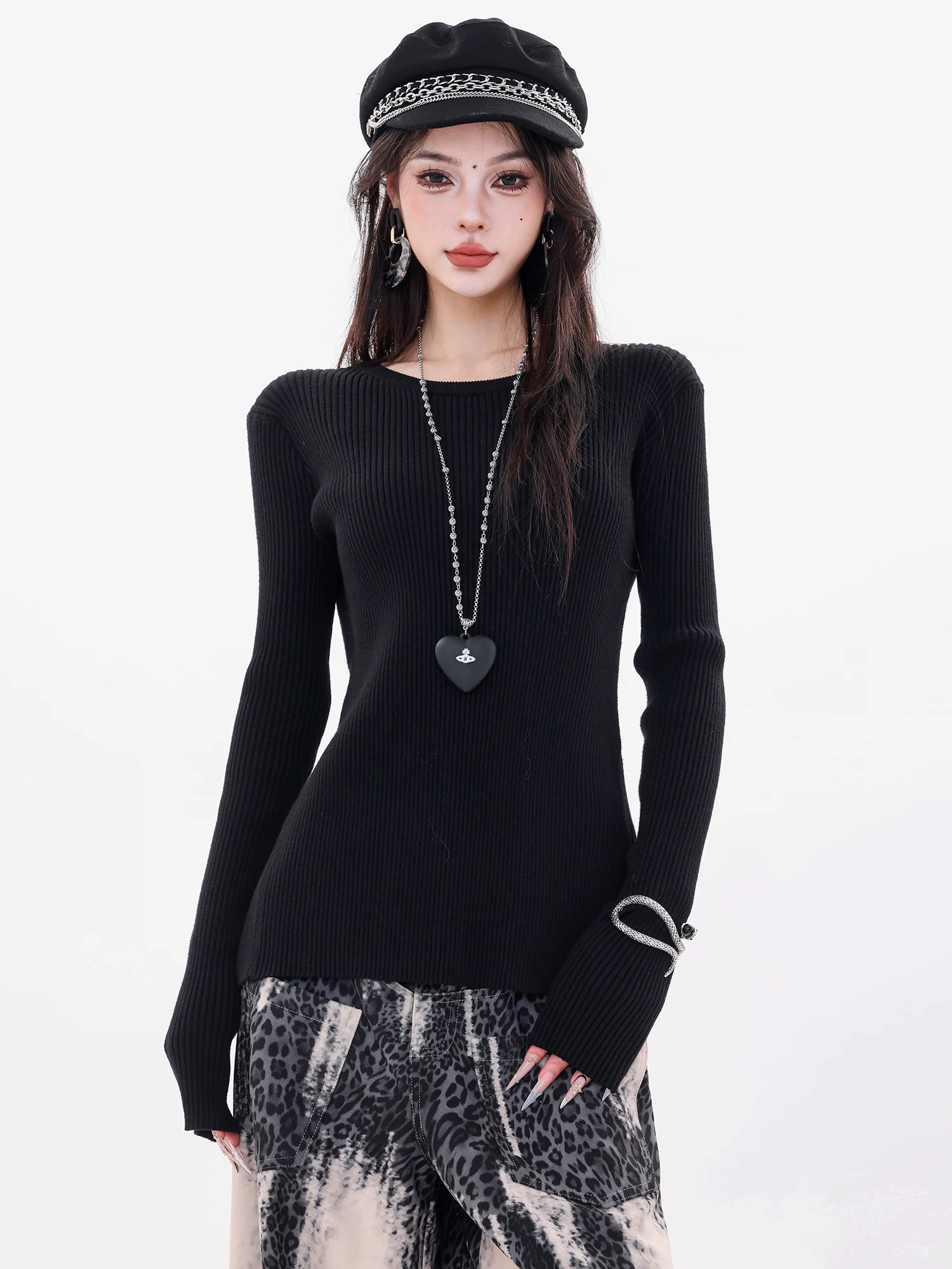 Áo dệt kim cổ tròn hở lưng phong cách hot girl Mỹ nguyên bản của ABWLR dành cho nữ, áo dài tay ôm vừa vặn mùa thu mới