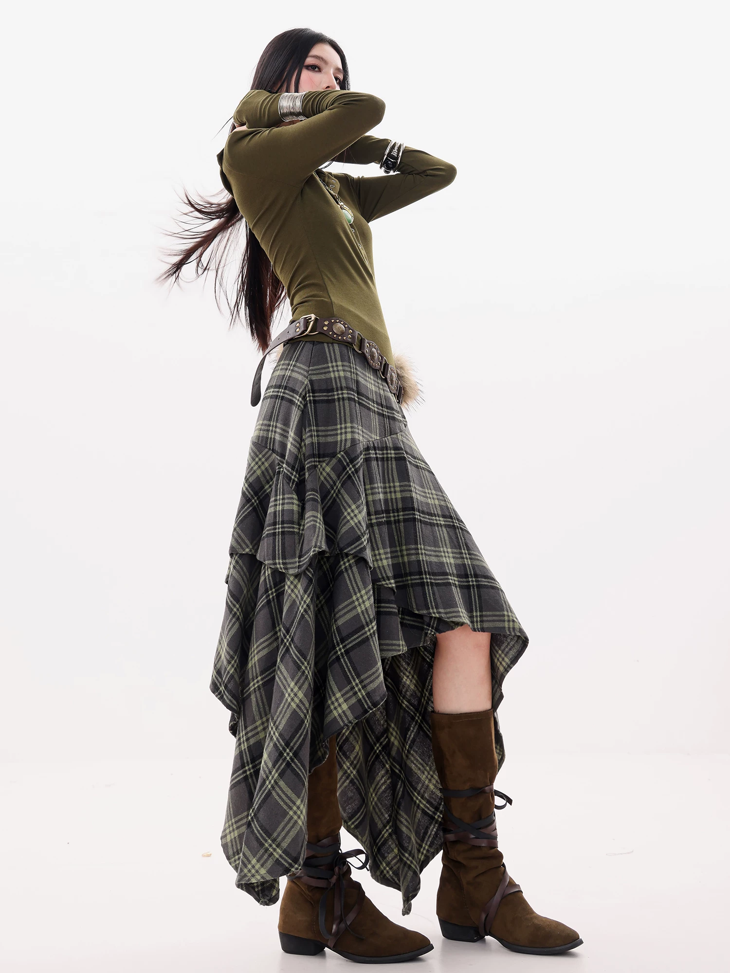 ABWLR Hippie Nomad-Original Plaid Váy không đều kiểu dáng mùa thu đông dành cho nữ Váy chữ A eo cao mới