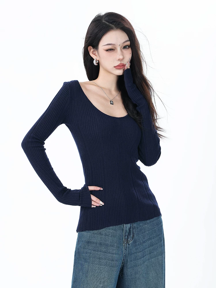 ABWEAR mùa thu đông áo len dài tay cổ tròn màu xanh hải quân màu trơn dệt kim thiết kế dành cho nữ áo sơ mi có gân ở dưới