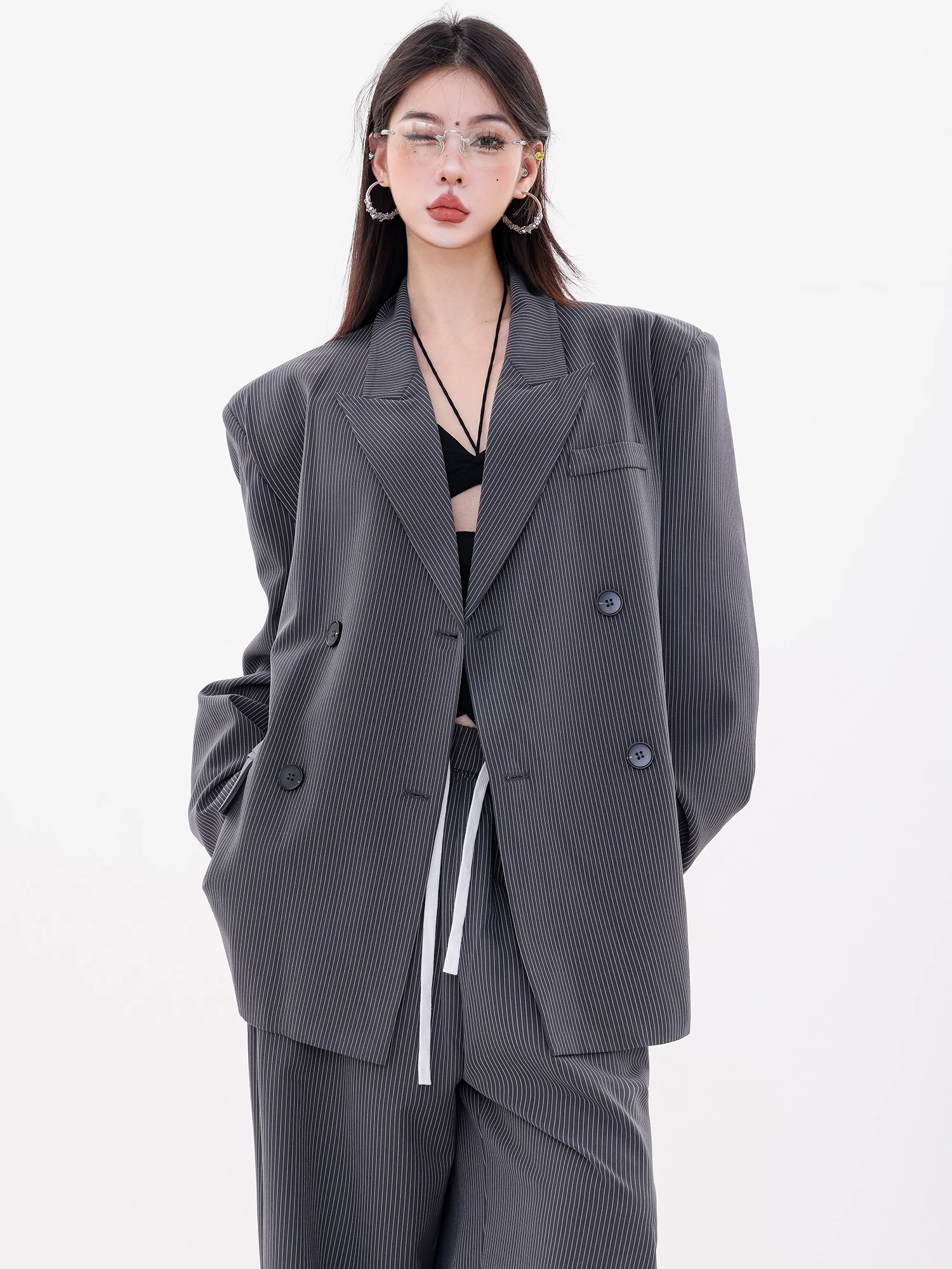ABWLR Art Editor - Bộ đồ hai mảnh có áo khoác blazer sọc nguyên bản dành cho nữ, dáng rộng, đa năng, phong cách thường ngày