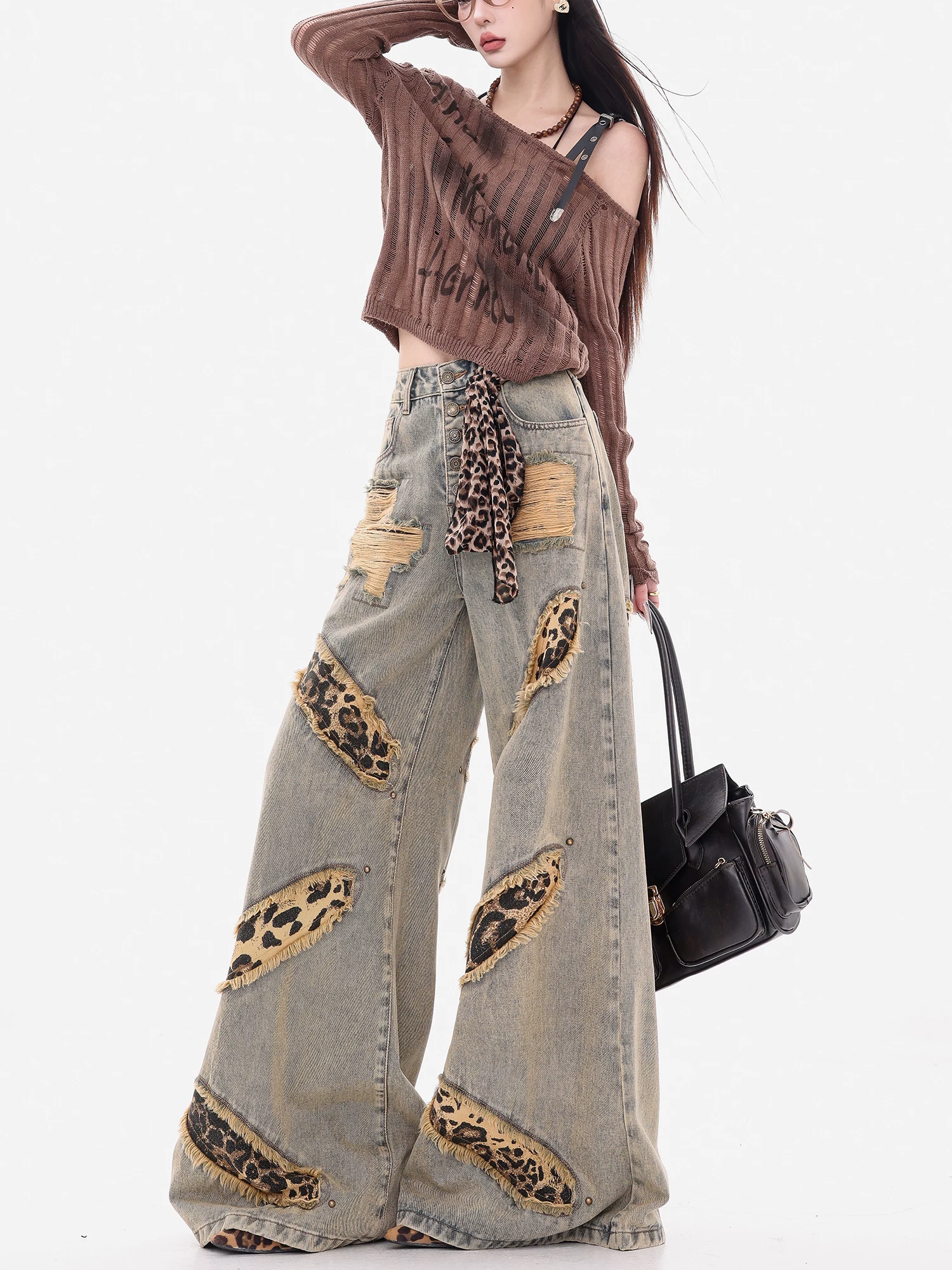 ABWEAR West Coast-Quần jean chắp vá họa tiết da báo cổ điển nguyên bản dành cho nữ có đinh tán quần ống rộng dáng rộng ống thẳng