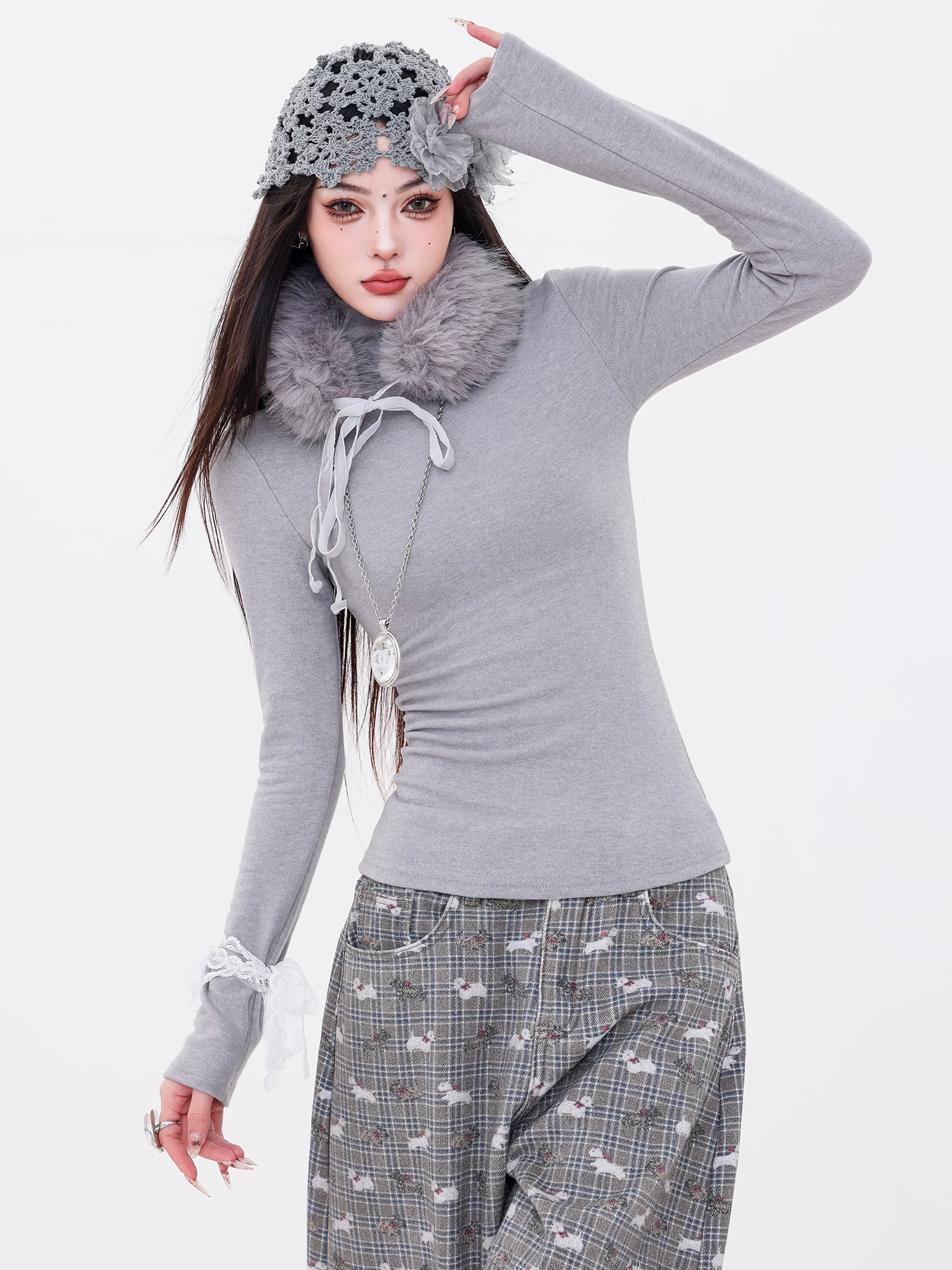 ABWLR Winter Elf - Áo len dệt kim dài tay có cổ lông thú nguyên bản dành cho nữ, áo sơ mi cơ bản ôm eo vừa vặn
