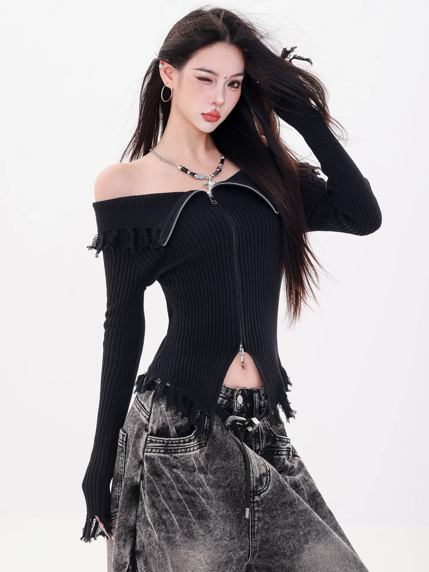 ABWLR Xidan Sand Dune-Original Hot Girl Style Áo len dài tay có cổ dành cho nữ mùa thu Áo có khóa kéo đôi Slim Fit