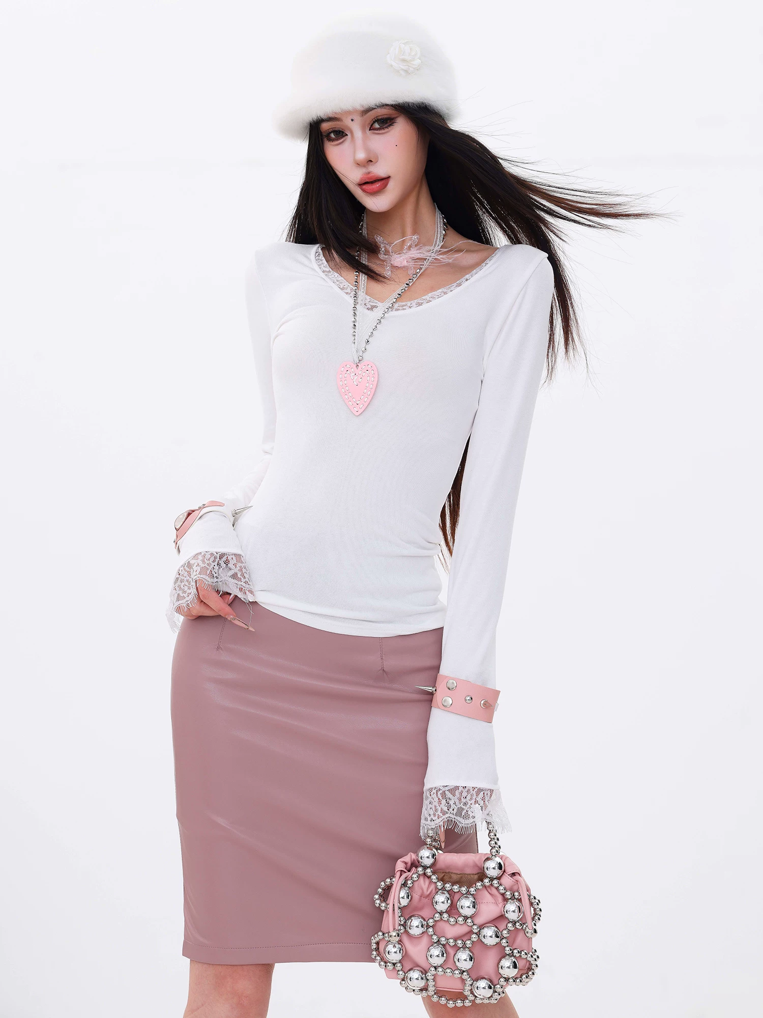 ABWLR Lightly Interwoven - Áo thun dài tay phối ren cổ điển nguyên bản dành cho nữ, áo sơ mi ôm sát màu trắng