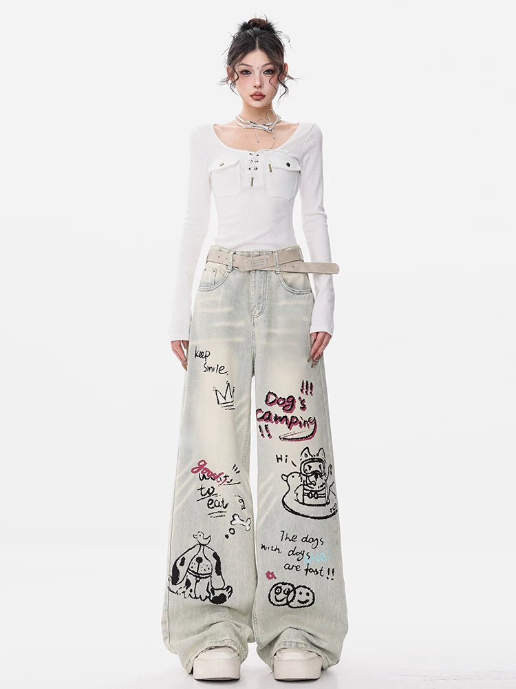 ABWEAR Puppy Party-Quần jean graffiti hoạt hình nguyên bản dành cho nữ 2025 Đầu thu mới Quần ống rộng dáng rộng