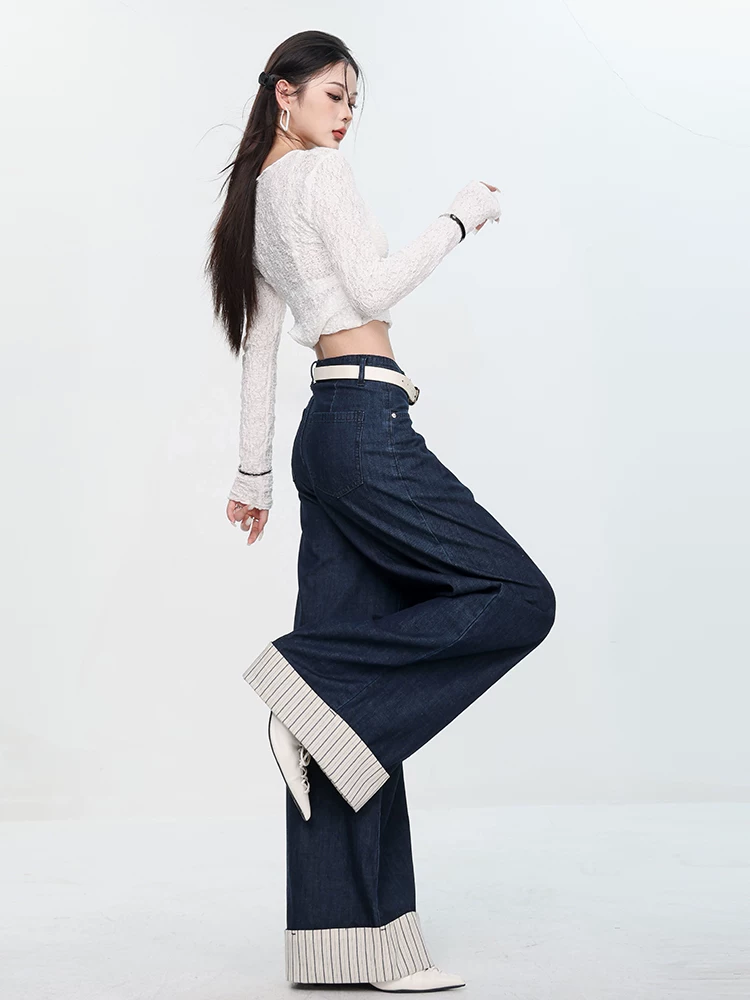 Quần Jean ABWEAR Phong Cách Vintage Mới 2024 Kết Hợp Vải Nhiều Màu, Viền Cuộn Và Ống Rộng Sọc Cho Nữ