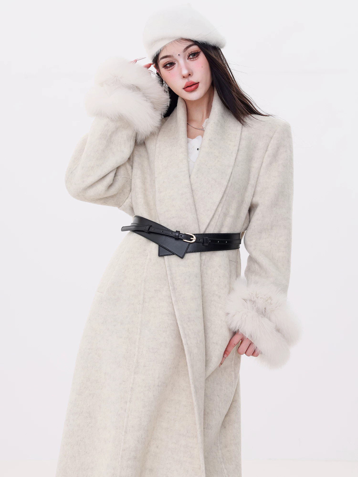 ABWLR Raff Aesthetics - Áo khoác len lông cáo phong cách sang trọng nhẹ nhàng nguyên bản dành cho nữ, có dây thắt lưng, áo khoác dài thanh lịch