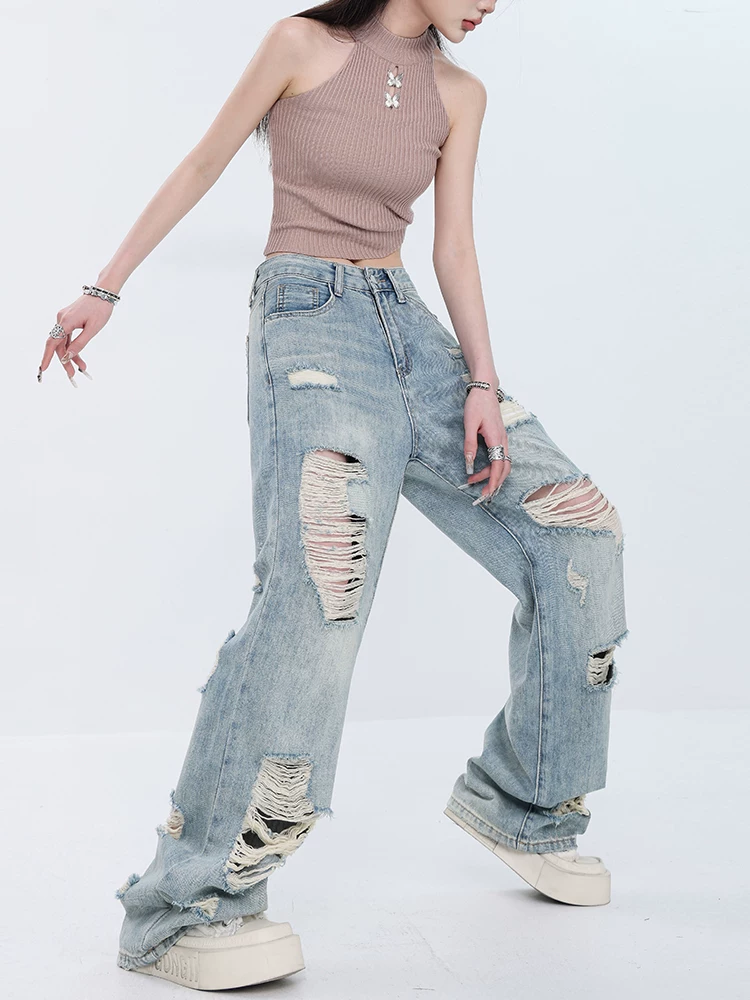 ABWEAR mùa hè mới phong cách đường phố Mỹ quần jean rách màu xanh đã giặt dành cho nữ, quần ống rộng dáng rộng, dáng rộng, giảm béo