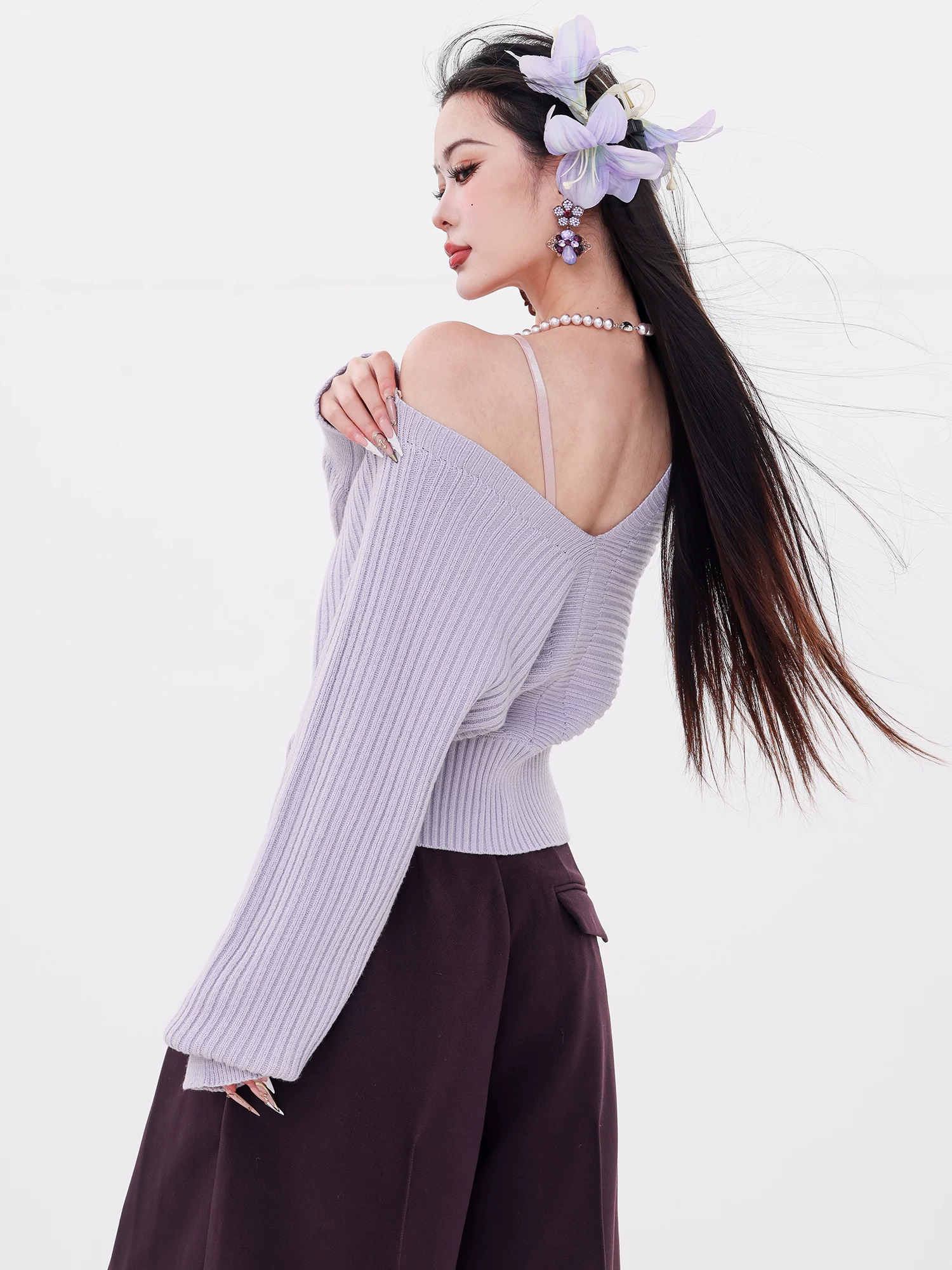 ABWLR Cinderella - Áo len dệt kim cổ chữ V kiểu Pháp nguyên bản dành cho nữ, dáng ôm, áo đa năng