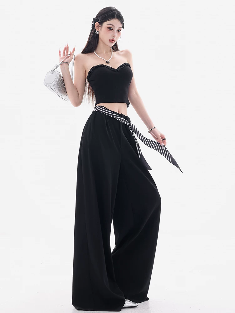 ABWEAR Set Art - Quần đen dáng rộng, phong cách thường ngày dành cho nữ, mẫu mới 2025, quần ống rộng thẳng, chất liệu như gạo nếp