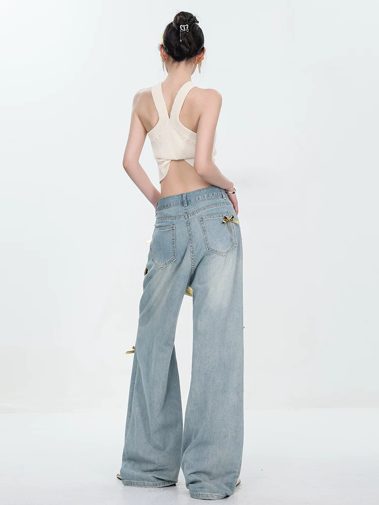 ABWEAR Quần jean ống rộng rách thiết kế nơ cổ điển kiểu Mỹ dành cho nữ, quần ống rộng dài đến sàn mùa hè