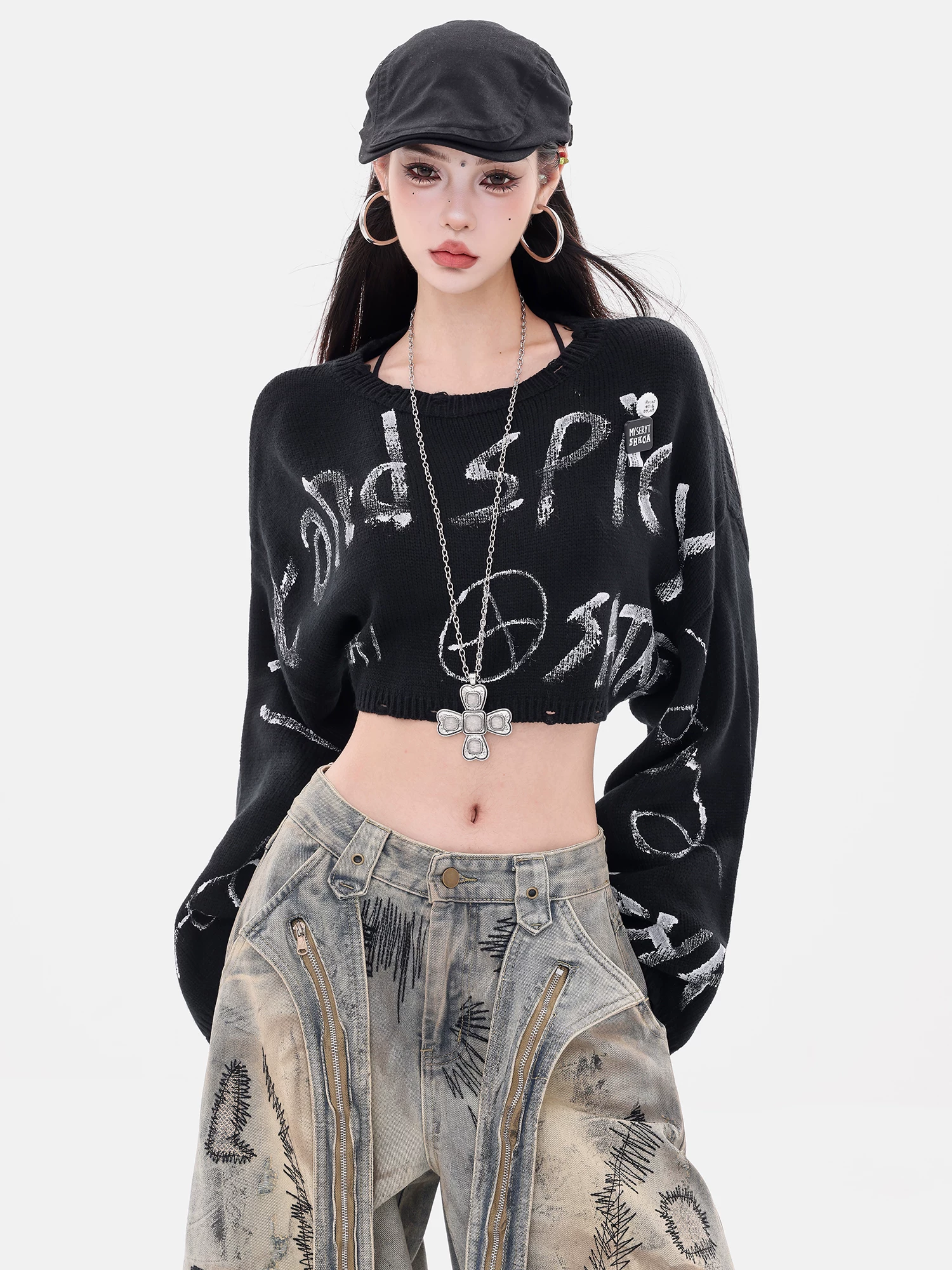 ABWEAR Letter Game - Trang phục đầu thu nguyên bản Áo len dệt kim Graffiti Áo len dài tay dáng rộng dành cho nữ